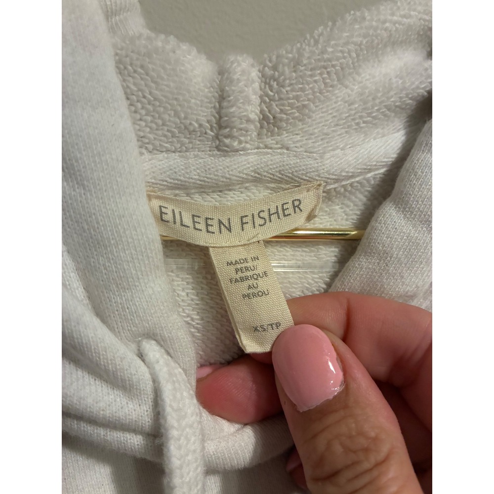 Eileen Fisher Organic Cotton Hoodie Cream White Raw Edge Cropped Sweatshirt XS - Picture 3 of 7